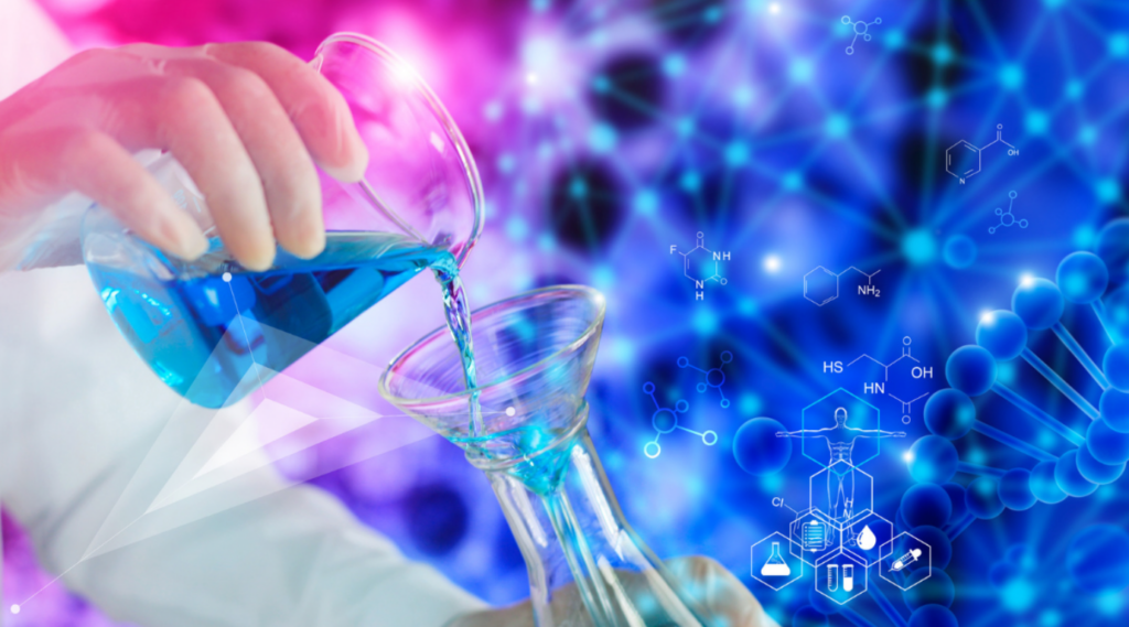 photo of a scientist pouring liquid into a flask with a background of molecular structures